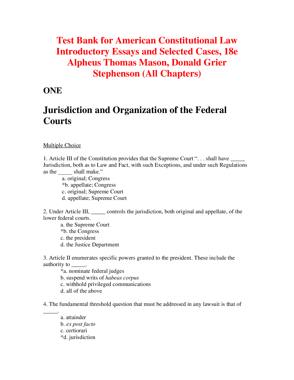 Preview of American Constitutional Law Introductory Essays and Selected Cases 18th Edition By Alpheus